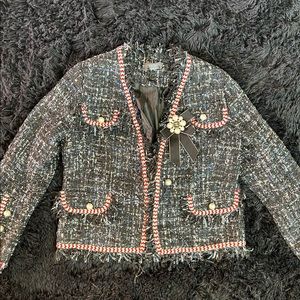 Classic Bouclé Tweed Cropped Jacket with Red Trim